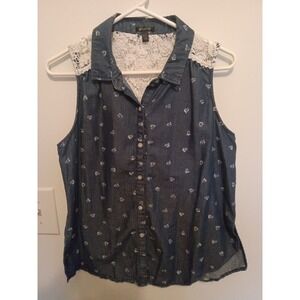 Seventeen Womens Sleeveless Denim Heart Print Top Lace Back Blue Medium